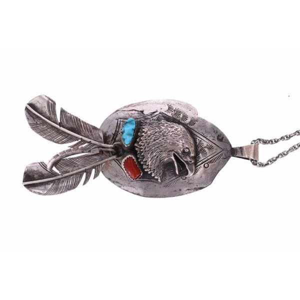 Old Pawn Navajo Silver Eagle and Feathers Necklace