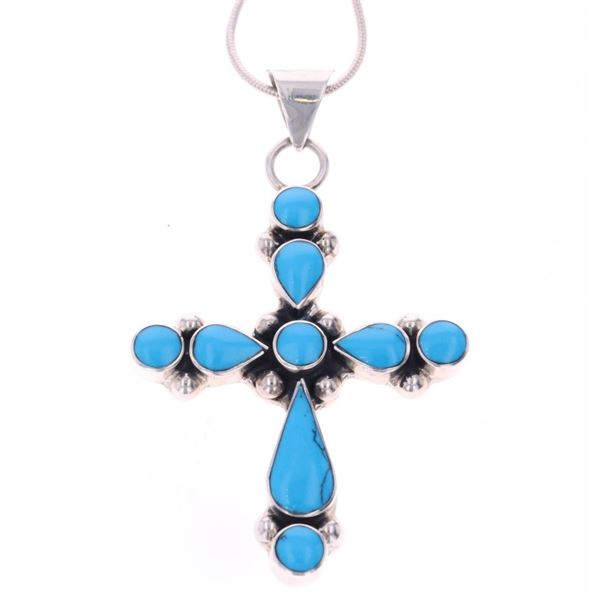 Vintage Taxco Silver Turquoise Cross Necklace