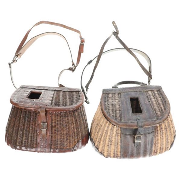 Tooled Leather & Split Willow Fishing Creels (2)