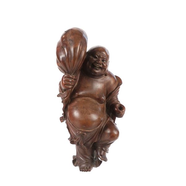 Carved Wood Laughing Buddha Sculpture 20th C