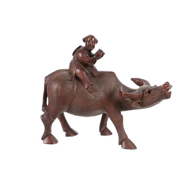 Chinese Hand Carved Wood Water Buffalo & Man