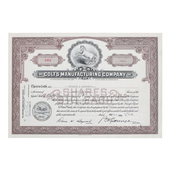Colt Manufacturing Company Issued Stock Cert. 1953