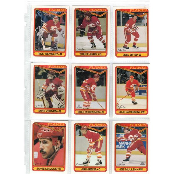 Three pages of 1990 O Pee Chee Hockey Cards - All Calgary Flames