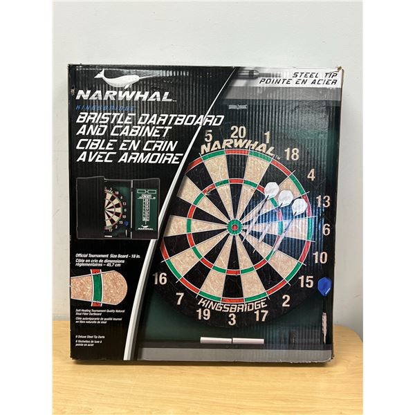 Narwhal Bristle Dartboard & Cabinet Dart Set - appears new, see all photos