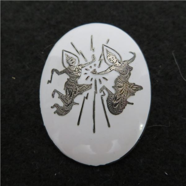 SIAM Sterling Silver & white enamel Niello Dancer brooch.  Marked "Made in Siam Sterling" on the bac