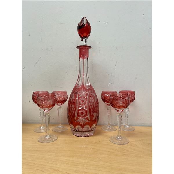 Vintage Nachtmann Traube Cranberry Cut To Clear Crystal Decanter & 6 Glasses