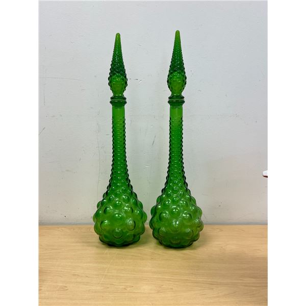 2 Mid Century Green Large Bubble Pattern Genie Bottles 19.5"