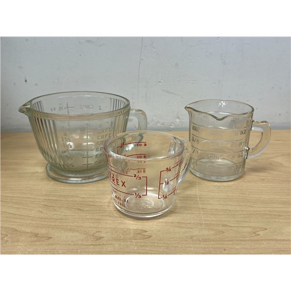 3 Vintage Measuring Cups - Pyrex Dry Measure & 2 Embossed Clear Glass - see photos