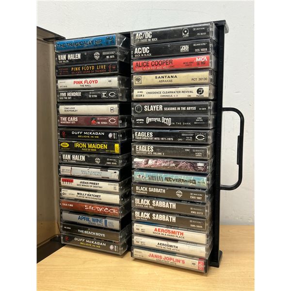 34 Mostly Rock / Metal Cassette Tapes in holder - see all photos