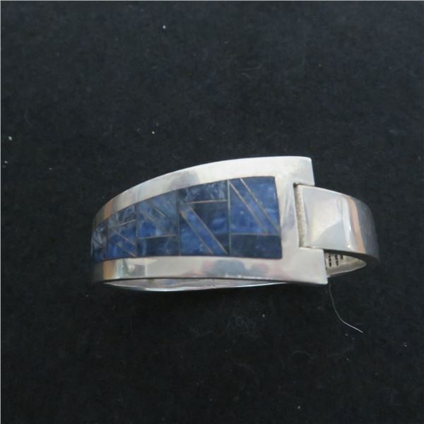 Stunning 950 Silver & stone (Sodalite or Lapis??) bracelet with hinge - see description and photos