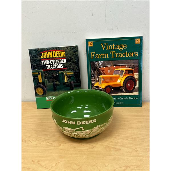John Deere Popcorn 8.5" Bowl and 2 Tractor Books - see all photos for details