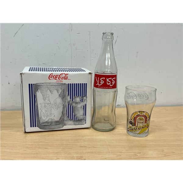 3 Coca-Cola Coke Collectibles - Bottle / Glass and Polar Bear Glass Mug