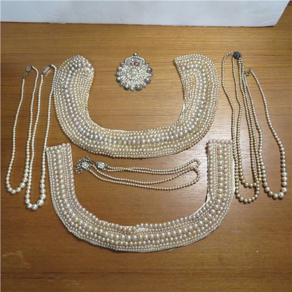 Antique & Vintage Pearl lot.  Includes 5 necklaces, 2 collars & a patch