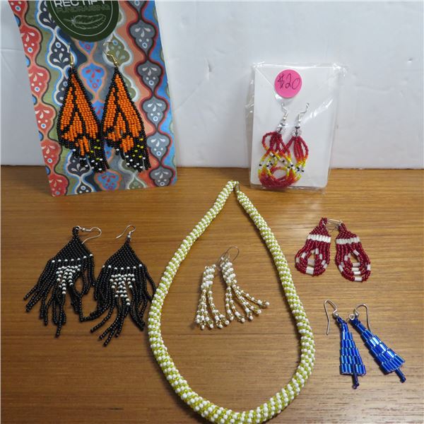 Beaded Jewelery Lot.  Includes a necklace and 6 pairs of pierced earrings