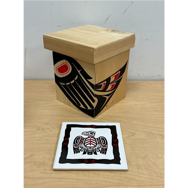Haida West Coast Wooden Box & Tile Art Piece - Box approx: 7x7 & 8"T