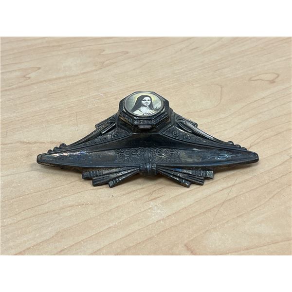 Vintage French Metal Inkwell / Pen Holder 5.5"W