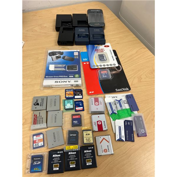 Digital Camera Batteries / Chargers / SD cards and accessories Lot - see all photos, nothing tested