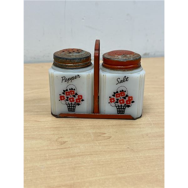 Vintage TIPP USA 3" Milk Glass Salt & Pepper Shakers on Stand