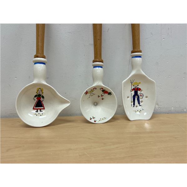 Vintage Ceramic Wood Handled Ladle / Mixing Spoon Etc Kitchen Utensils 12.5"