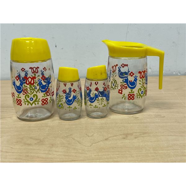 Vintage Birds / Flowers Glass Creamer / Sugar / Salt and Pepper - some lid damage, see photos