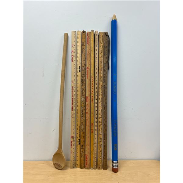Lot of Yard Sticks with Advertising / Large Spoon and Wood Pencil