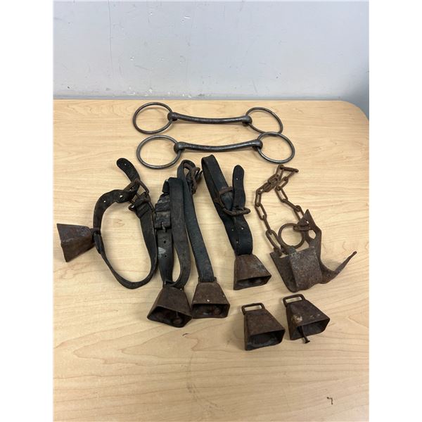 Vintage Old Cow Bells / Horse Bits and similar metal Farm items - see photos