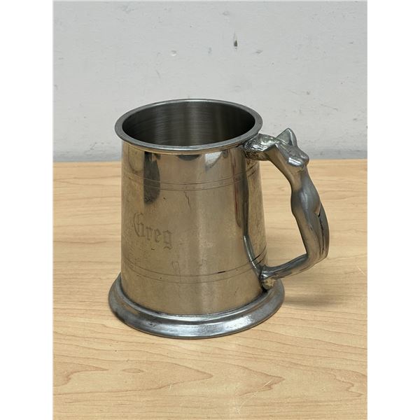 English Pewter Tankard with Figural Handle and Glass Bottom "Greg" see all photos