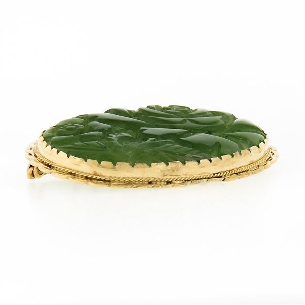 Vintage Floral Carved Jade Pin Brooch Pendant w/ Yellow Gold Twisted Wire Frame