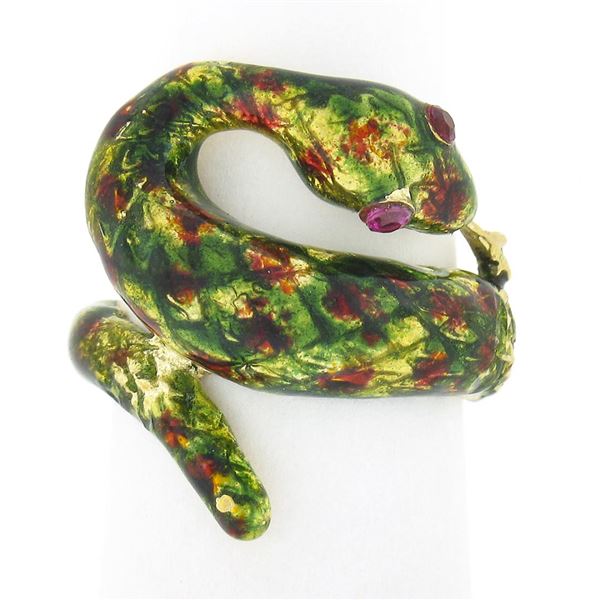 Vintage 18k Yellow Gold Multicolor Enamel w/ Spots Textured Snake Wrap Band Ring