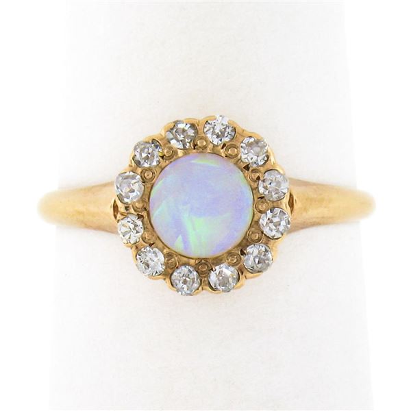 Antique Victorian 14K Gold Round Opal Solitaire Diamond Halo Petite Cluster Ring