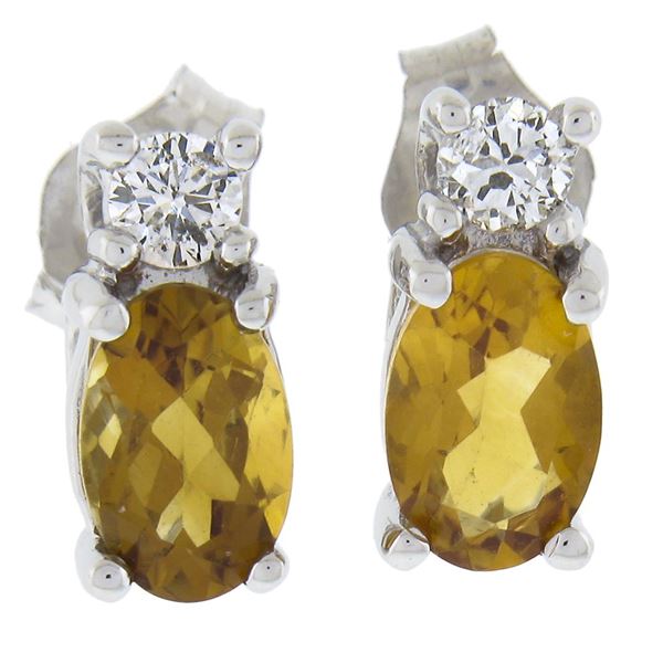 New 10K White Gold 1 ctw Prong Set Oval Citrine & Diamonds Stud Earrings