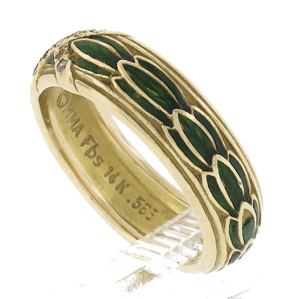 Vintage Solid 14K Yellow Gold Green Enamel Wide Band Ring & X Shape Pave Diamond