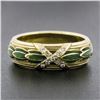 Image 7 : Vintage Solid 14K Yellow Gold Green Enamel Wide Band Ring & X Shape Pave Diamond