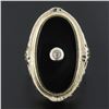 Image 6 : Vintage 14k Gold Elongated Oval Black Onyx w/ Diamond Center Floral Work Ring