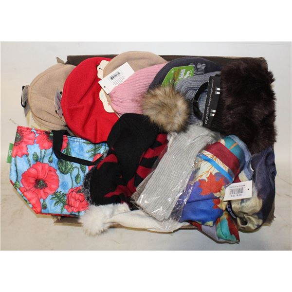 FLAT OF NEW TOQUES, SCARVES, MITTS AND MORE