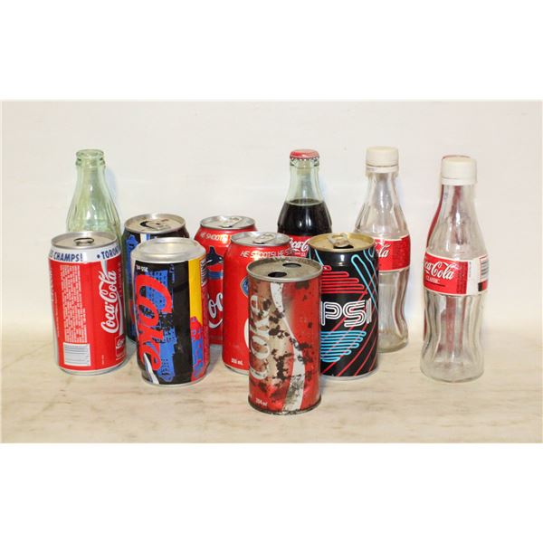 LOTS OF VINTAGE COCACOLA AND PEPSI CANS