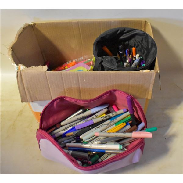 BOX FULL OF SHARPIE COLORING PENS AND OTHER