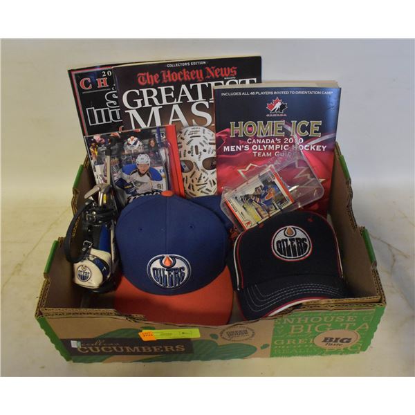OILERS LOT/HOCKEY MEMORABILIA. 2 OILERS CAPS,