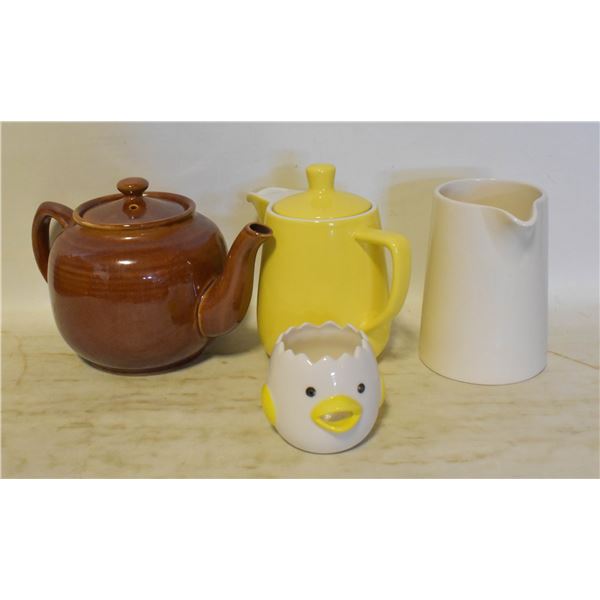 STONEWARE TEAPOTS, MILK PITCHER & CHICK
