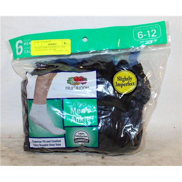 BLACK ANKLE SOCKS 6-12 SIZE 6-PACK FRUIT OF THE