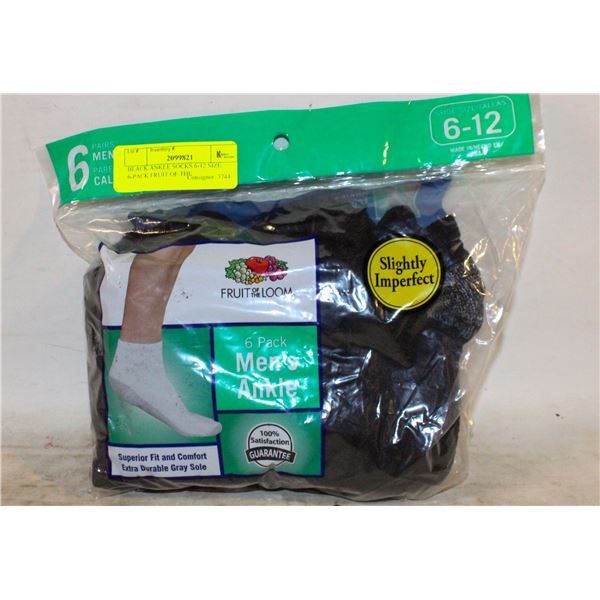 BLACK ANKLE SOCKS 6-12 SIZE 6-PACK FRUIT OF THE