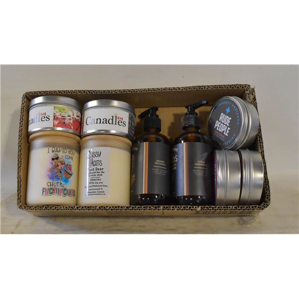 FLAT OF NEW CANDLES AND LIQUID HAND SOAP