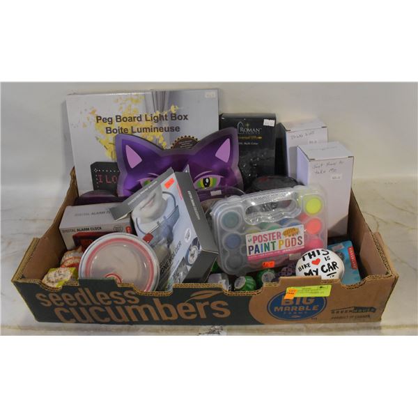 LARGE FLAT OF NEW NOVELTY ITEMS INCLUDES PEG BOARD