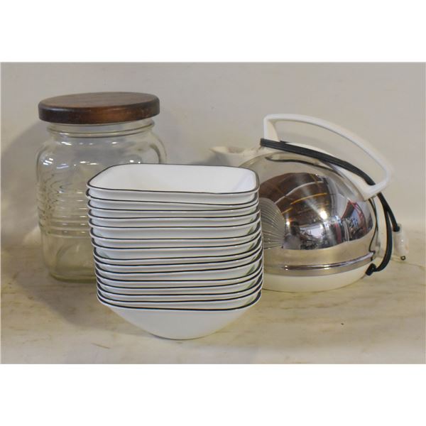 15 BOWLS SOLD WITH GLASS CANISTER & KETTLE