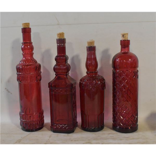SET OF VINTAGE RUBY RED GLASS BOTTLE DECANTERS