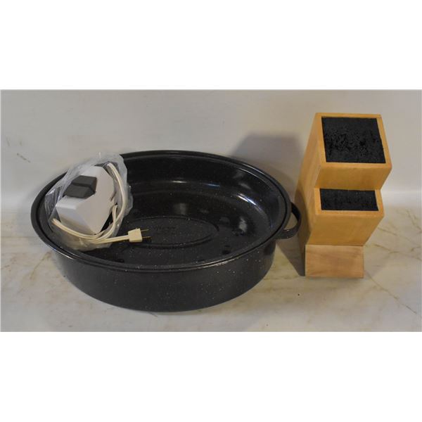 LARGE ROASTER, KNIFE BLOCK, KNIFE SHARPENER