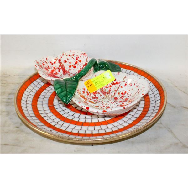 ORANGE/WHITE TILE PLATE SPECKLED FLOWER DISH