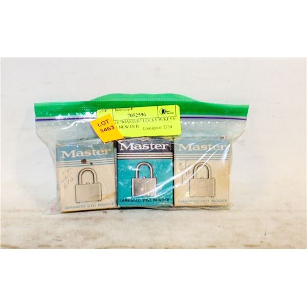 VINTAGE "MASTER" LOCKS W/KEYS- SET OF 3 NEW IN B