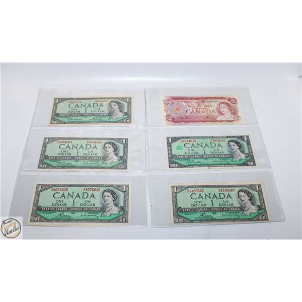 LOT OF 6 OLD CANADA $1 AND $2 DOLLAR BANK NOTES