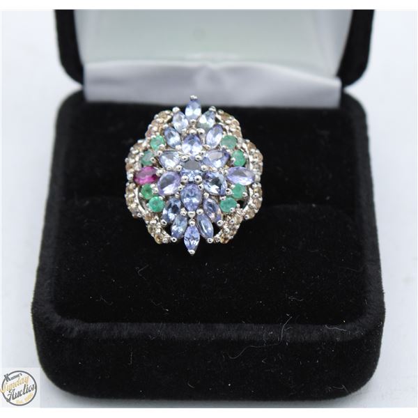 SILVER MULTI GEMSTONE RING SZ 8